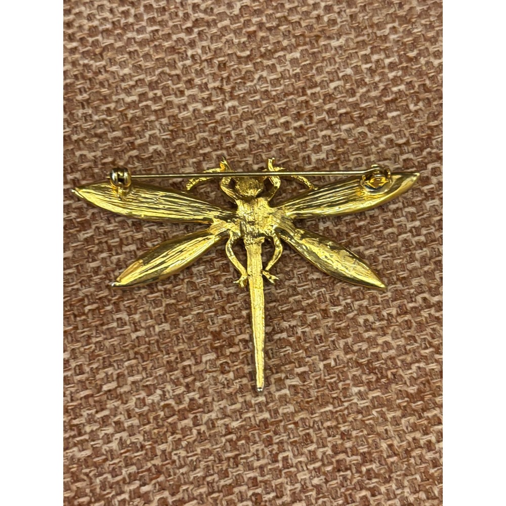 Vintage Gold Tone Dragonfly Brooch Clear Rhinestone Green Eyes Insect Pin - Picture 2 of 4